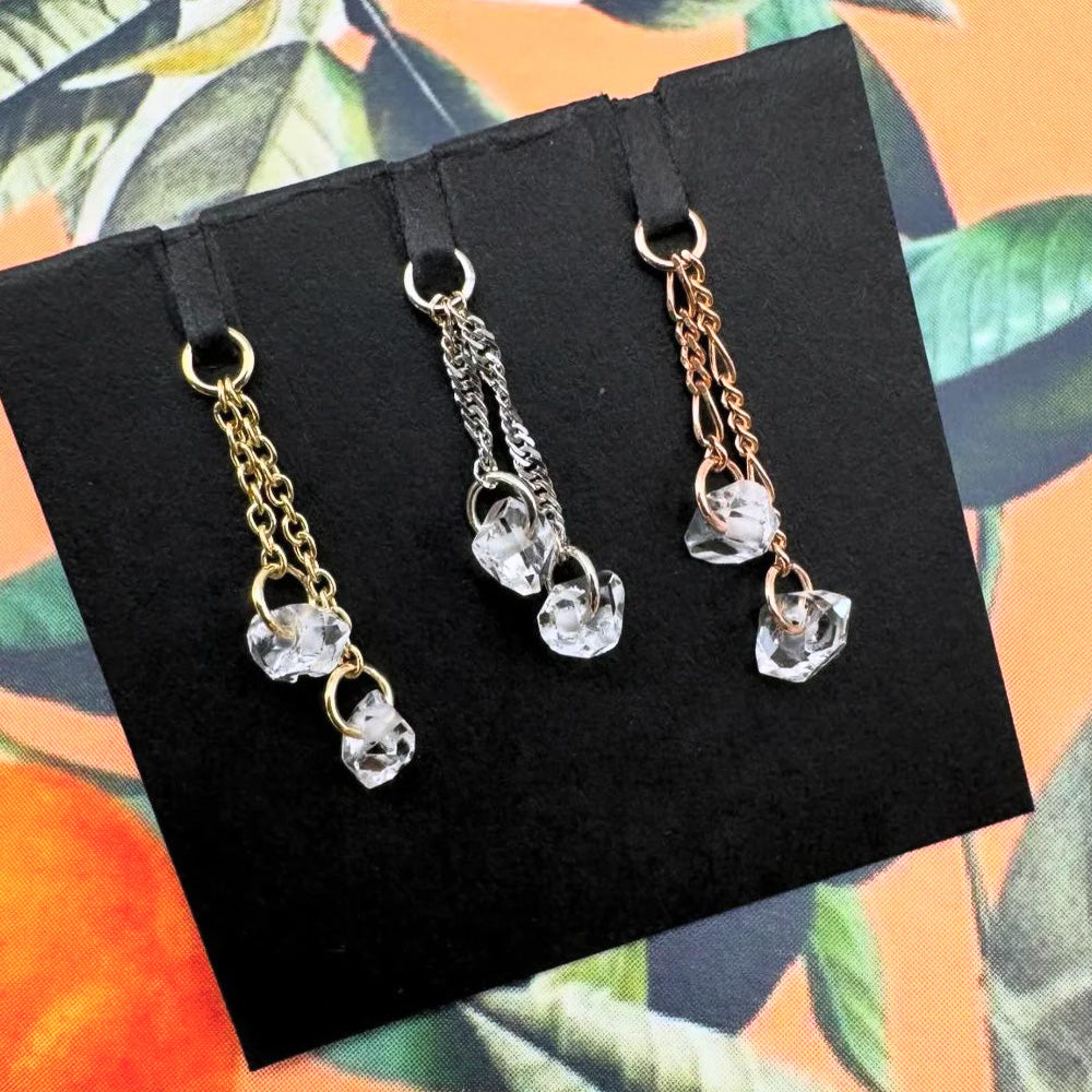 "Double Herkimer Diamond Tosser" Chain Charm in Gold with Herkimer Diamond Quartz