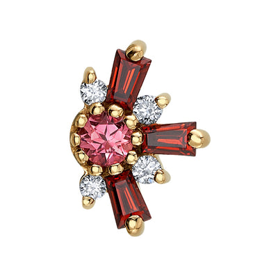 "Half Elaine" Threaded End in Gold with Garnet & Diamonds surrounding a Padparadscha Sapphire