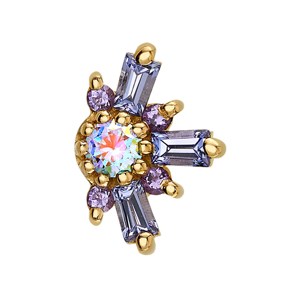 "Half Elaine" Threaded End in Gold with Tanzanite & Amethyst surrounding a Mercury Mist Topaz