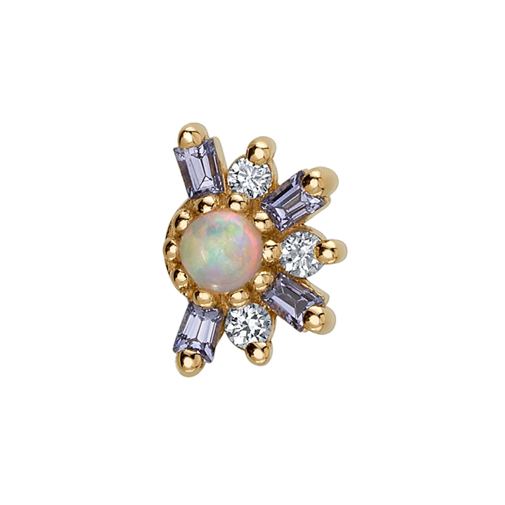 "Half Elaine" Threaded End in Gold with Tanzanite & Diamond surrounding a Genuine White Opal
