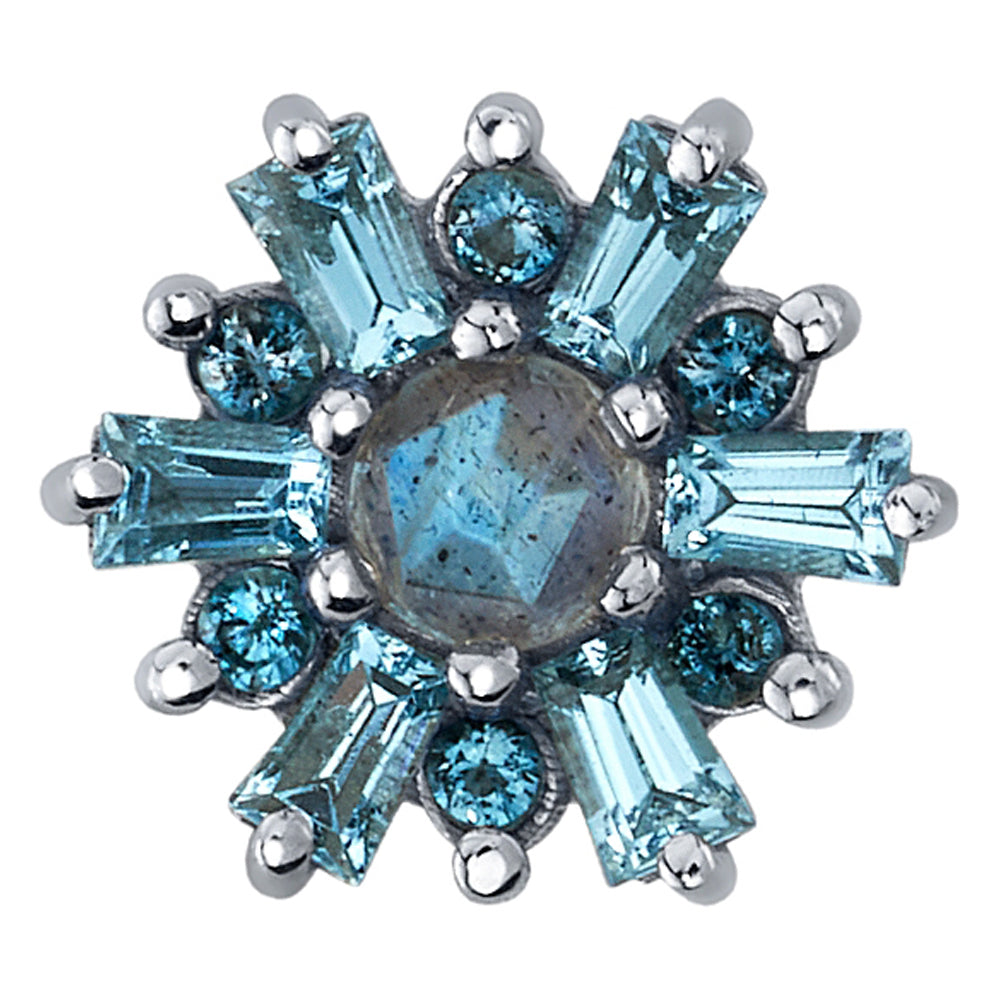 "Elaine" Threaded End in Gold with Rose Cut Labradorite, Swiss Blue Topaz & London Blue Topaz