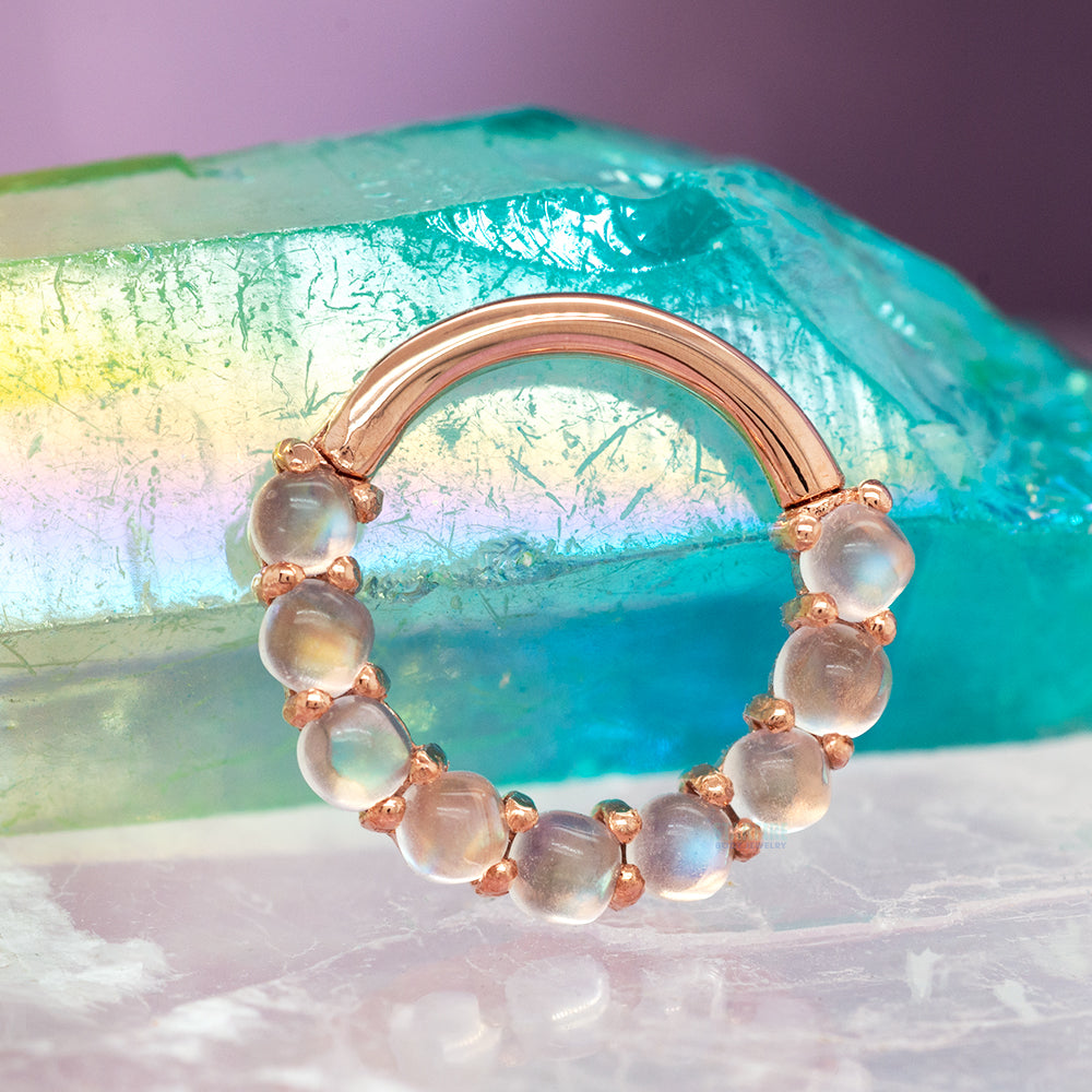 "Revel" Hinge Ring / Clicker in Gold with Rainbow Moonstone