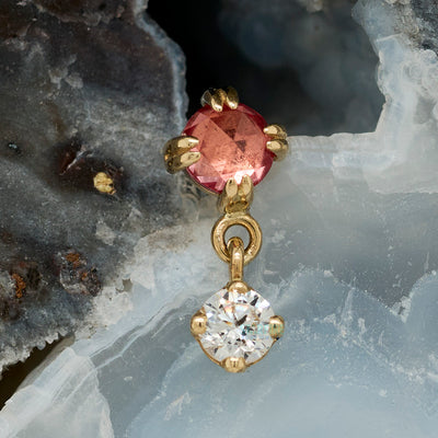 "Duet - Cab Prong" Threaded End in Gold with Rose Cut Padparadscha Sapphire & White CZ