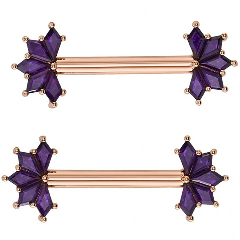 "Spirit" Forward Facing Nipple Barbells in Gold with Amethyst