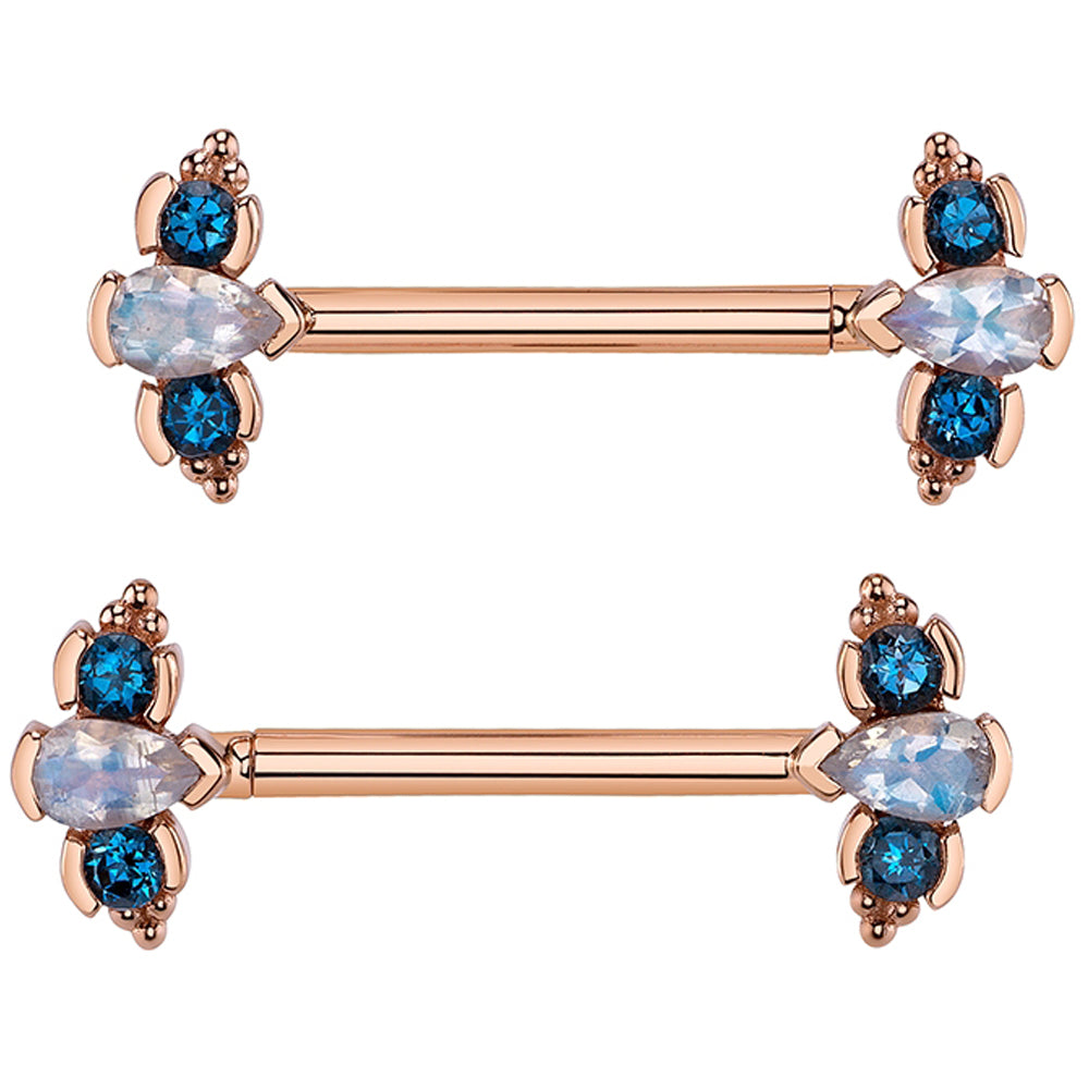 "3 Gem Mini Nikki Panaraya" Forward Facing Nipple Barbells in Gold with Faceted Rainbow Moonstone & London Blue Topaz