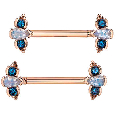 "3 Gem Mini Nikki Panaraya" Forward Facing Nipple Barbells in Gold with Faceted Rainbow Moonstone & London Blue Topaz