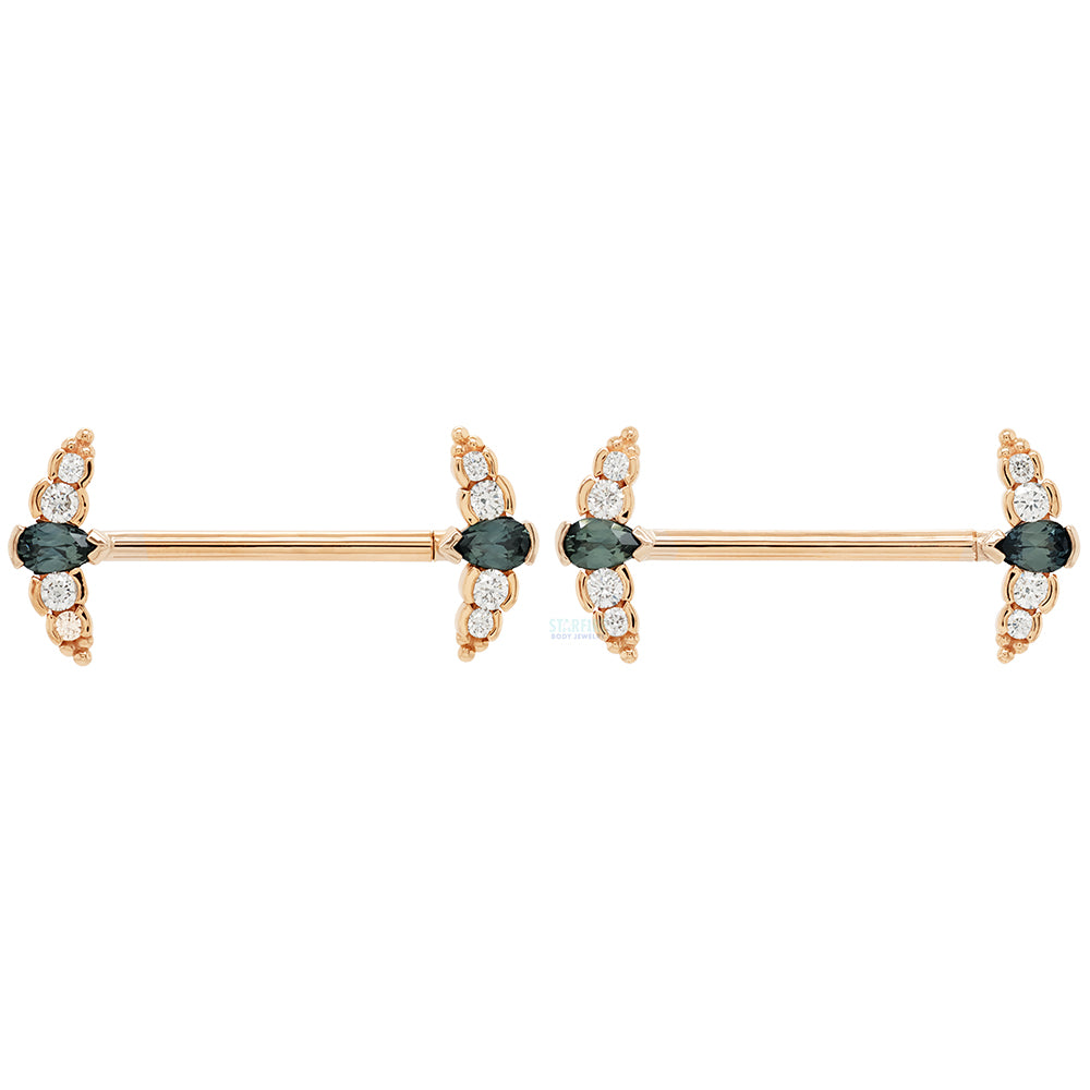 "Nikki Panaraya" Forward Facing Nipple Barbells in Gold with Grey Sapphire & Diamonds