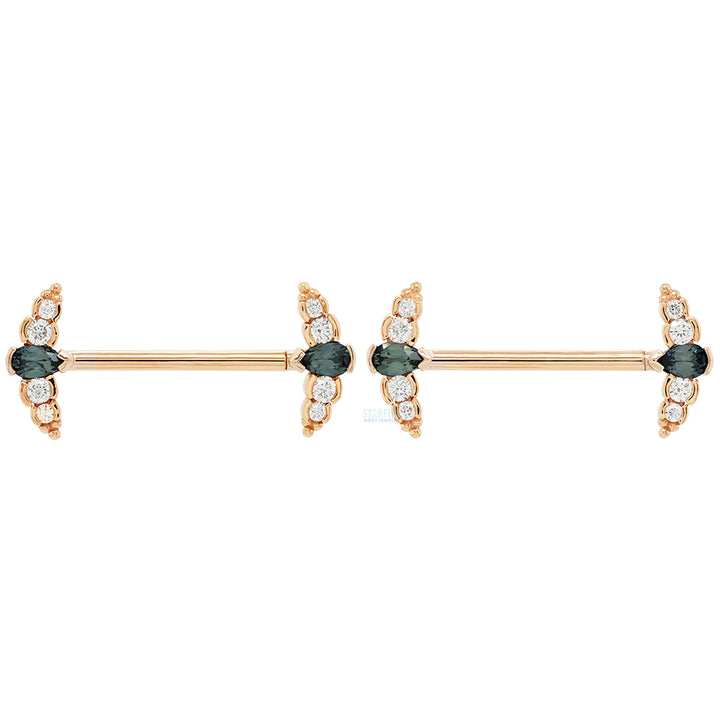 "Nikki Panaraya" Forward Facing Nipple Barbells in Gold with Grey Sapphire & Diamonds