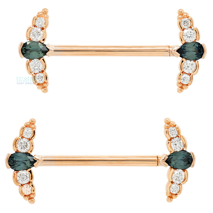 "Nikki Panaraya" Forward Facing Nipple Barbells in Gold with Grey Sapphire & Diamonds