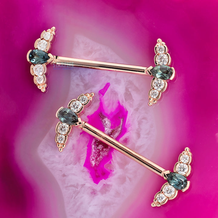 "Nikki Panaraya" Forward Facing Nipple Barbells in Gold with Grey Sapphire & Diamonds
