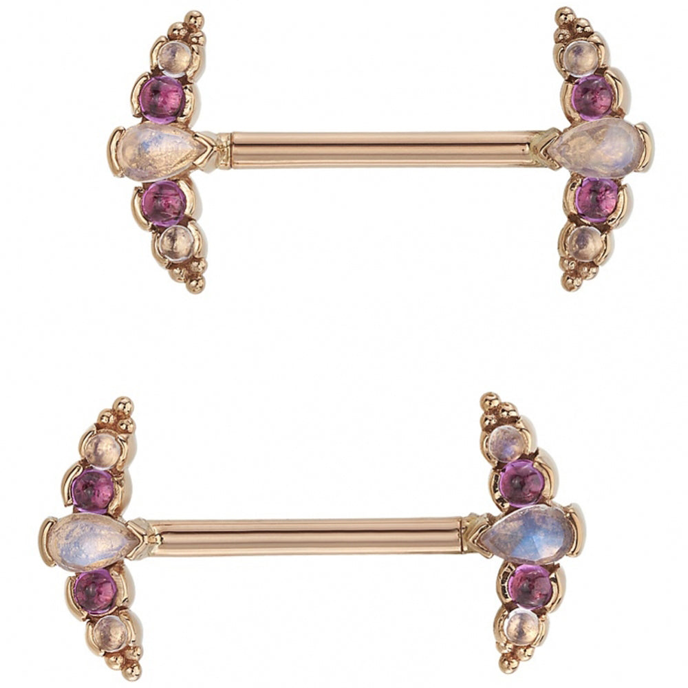 "Nikki Panaraya" Forward Facing Nipple Barbells in Gold with Rainbow Moonstone & Rhodolite
