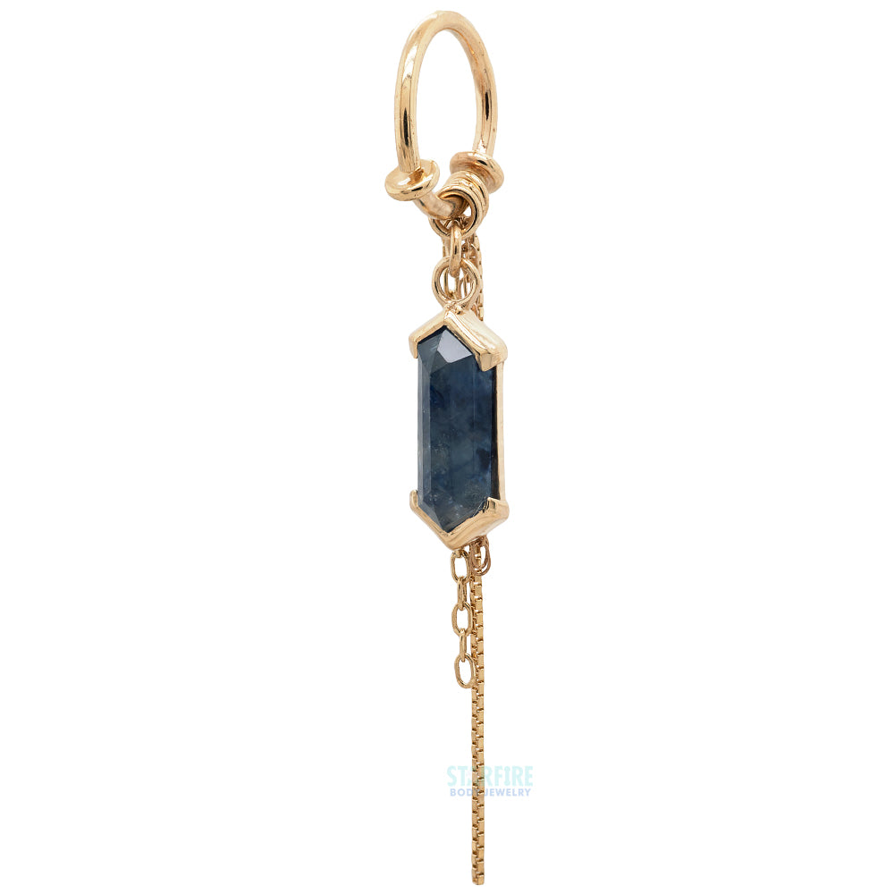 Elongated Hexagon Madagascar Sapphire Seam Ring with Chains in Gold