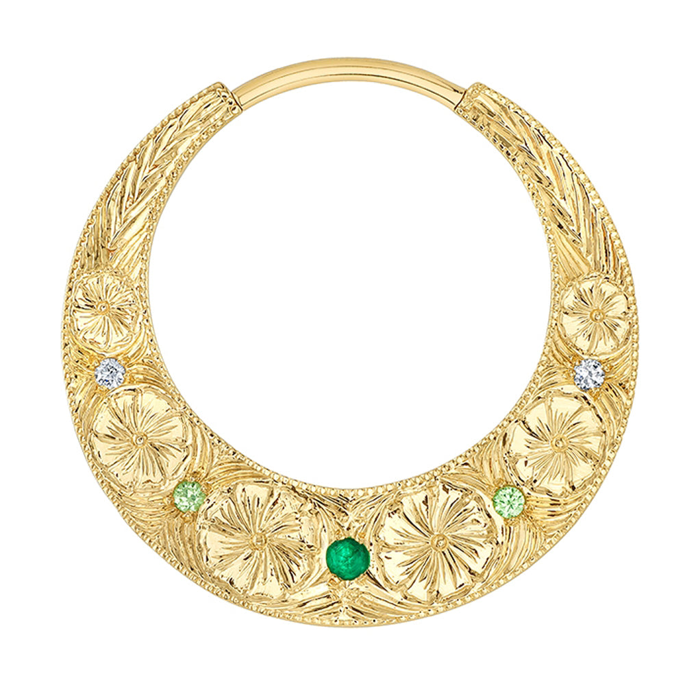 "Primrose XL" Hinge Ring in Gold & Platinum with Rose Cut Chatham Emerald, Tsavorite & Diamonds
