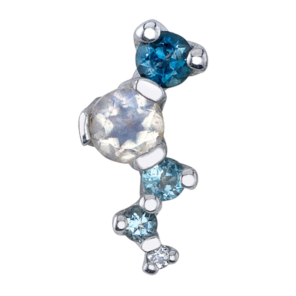 "Ripple" Threaded End in Gold with Rainbow Moonstone, London Blue Topaz, Swiss Blue Topaz, Aquamarine & Diamond