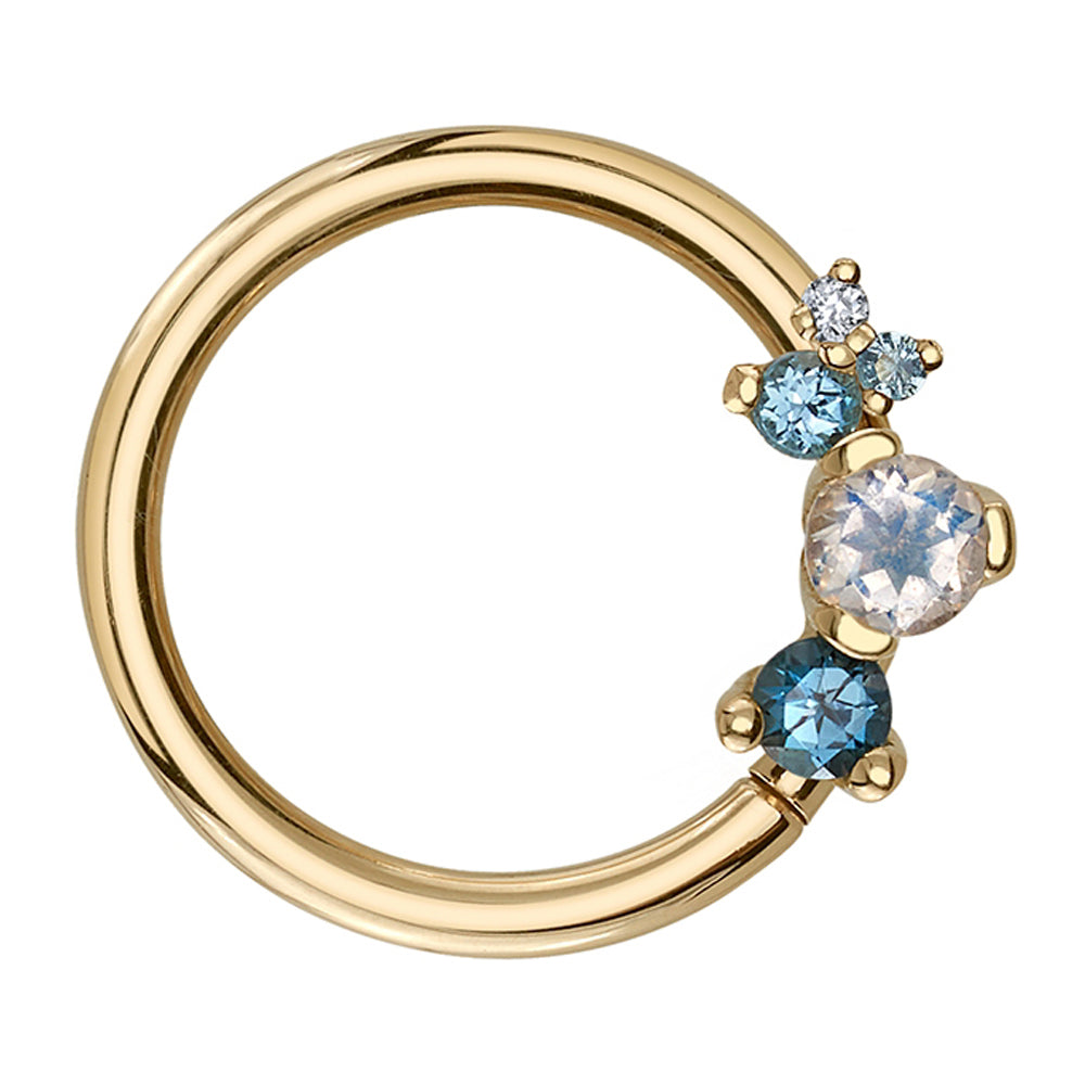 "Ripple" Seam Ring in Gold with Rainbow Moonstone, London Blue Topaz, Swiss Blue Topaz, Aquamarine & Diamond