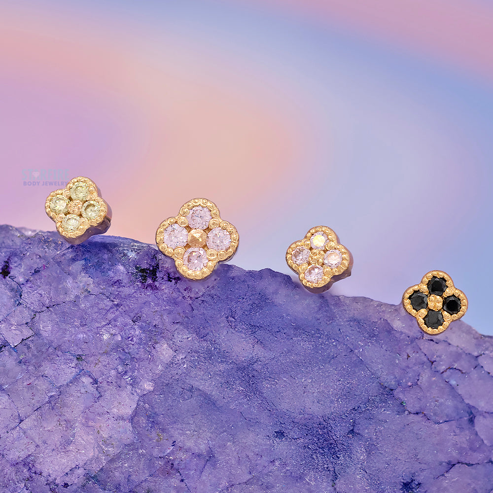 Small Clover Threaded End in Gold with CZ's
