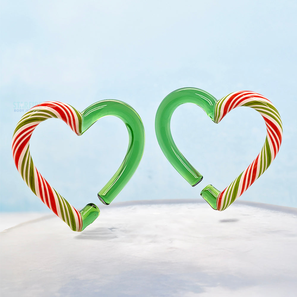 Glass Hearts - Red, Green & White Candy Cane on Green