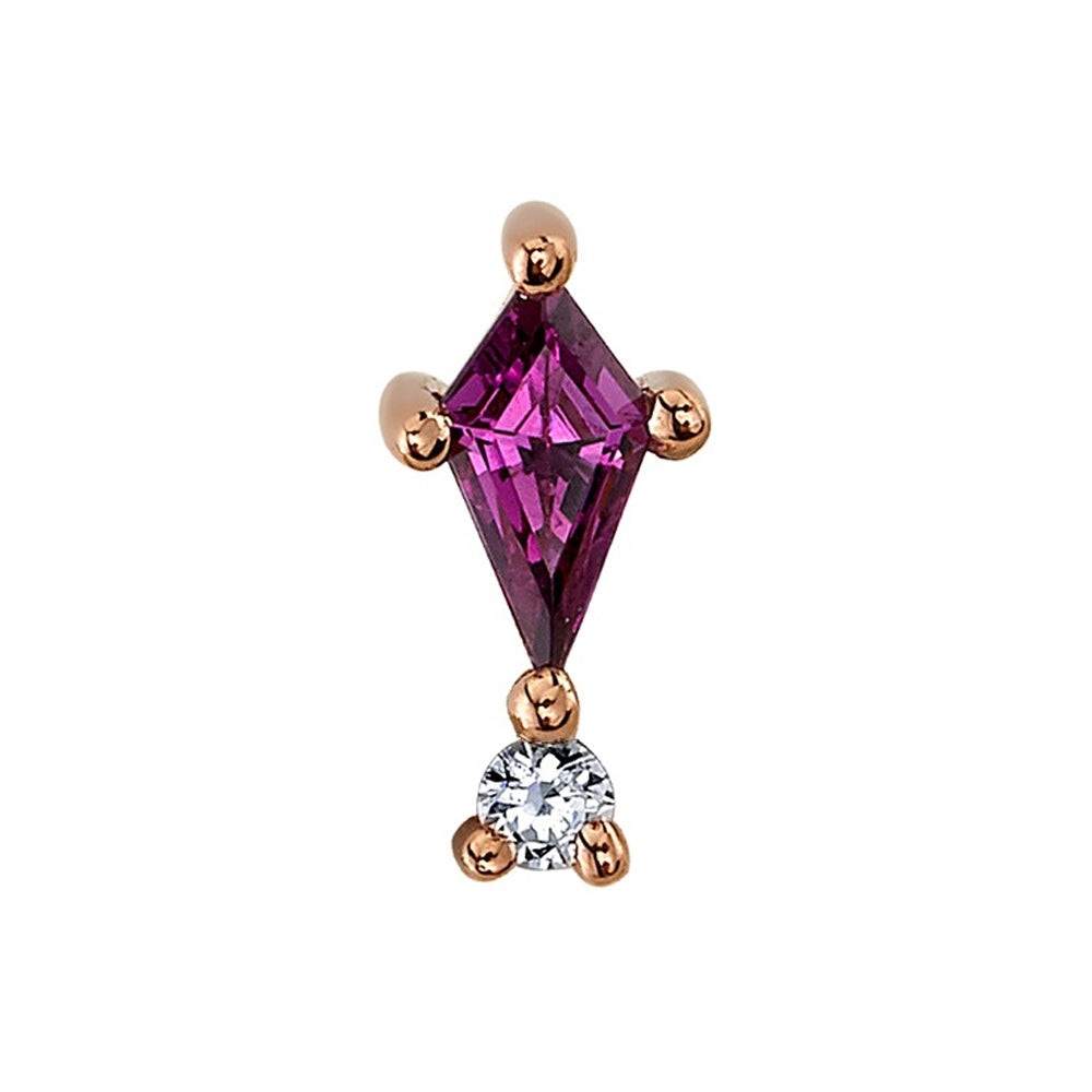 "Kiss and Tell" Threaded End in Gold with Rhodolite & Diamond