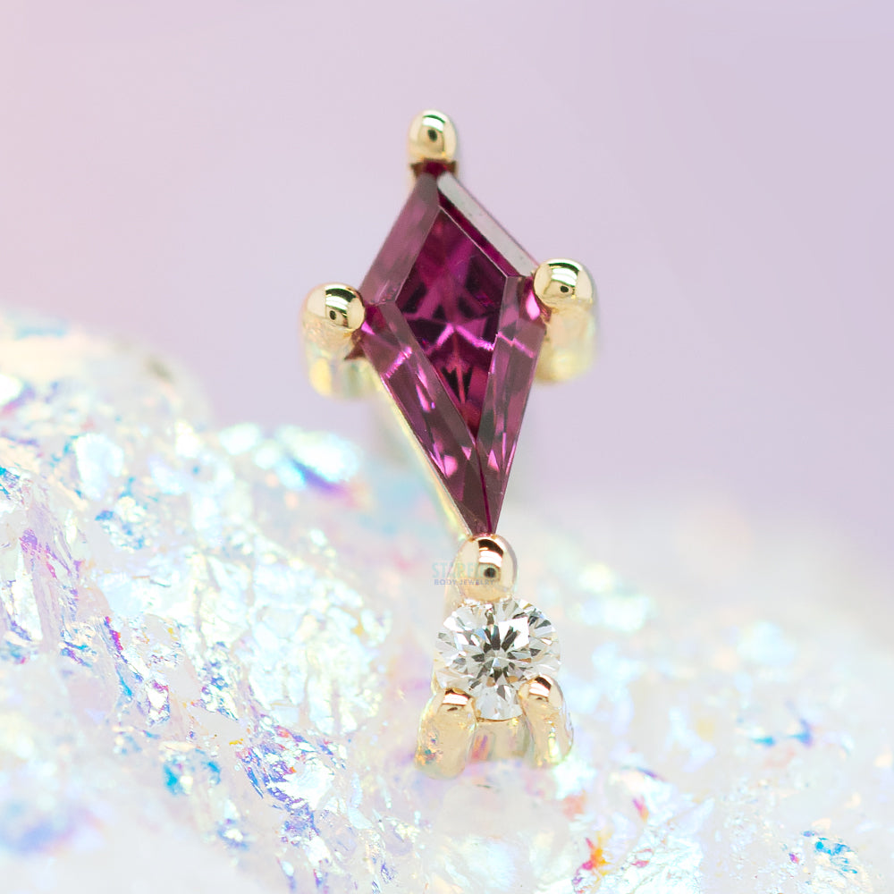 "Kiss and Tell" Threaded End in Gold with Rhodolite & Diamond