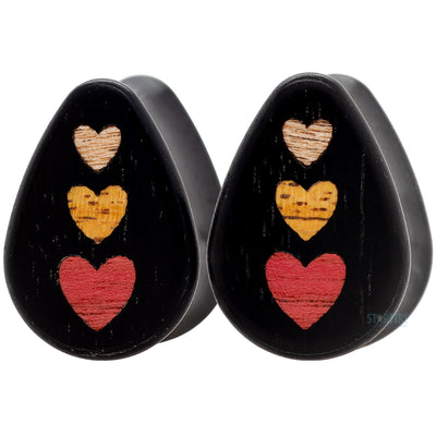 Stacked Hearts Wood Teardrop Inlay Plugs