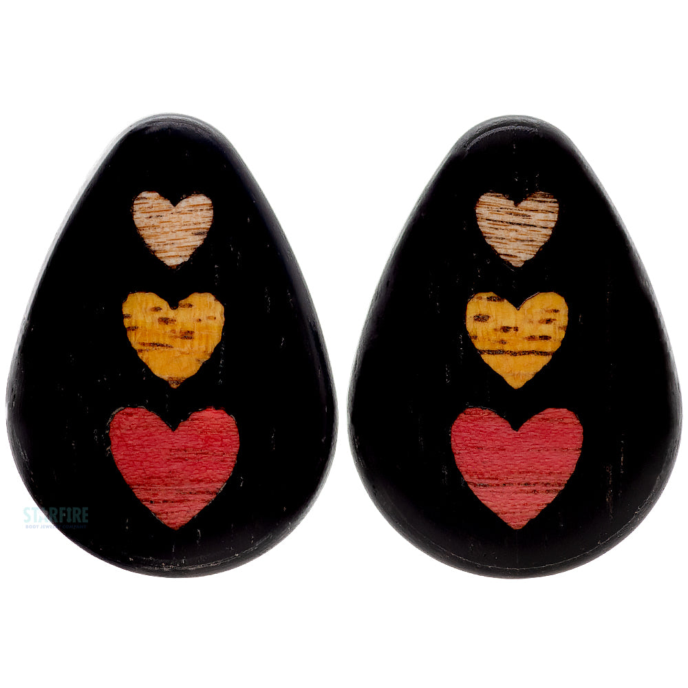 Stacked Hearts Wood Teardrop Inlay Plugs