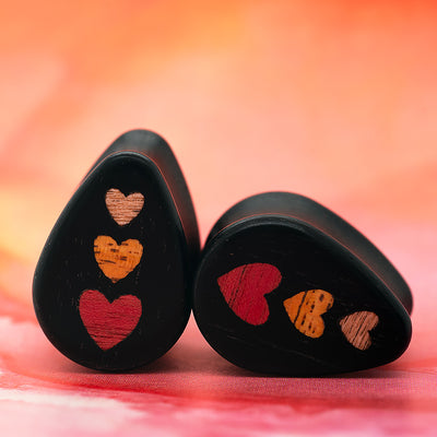 Stacked Hearts Wood Teardrop Inlay Plugs