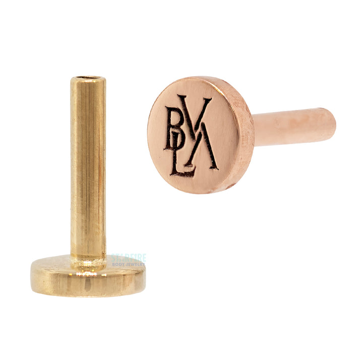Gold Threaded Flatback / Labret Post / Straight Barbell End with Fixed Monogram BVLA Logo Engraved Disc