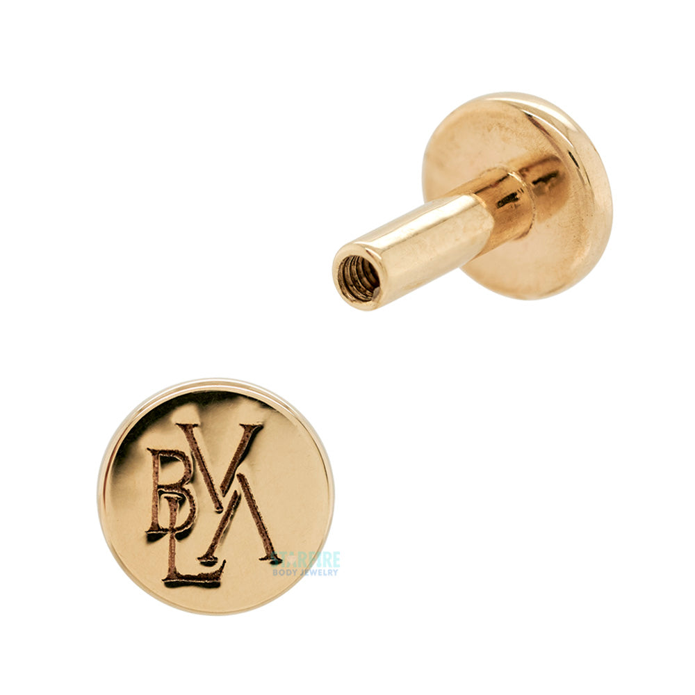 Gold Threaded Flatback / Labret Post / Straight Barbell End with Fixed Monogram BVLA Logo Engraved Disc