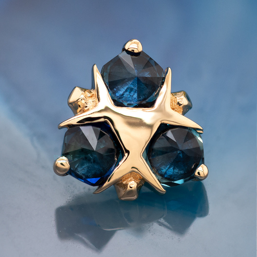 "Spirit of Water" Threaded End in Gold with Hand Cut Reverse Set Blue Sapphires