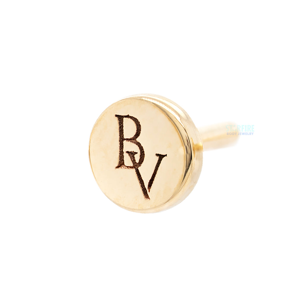 threadless: Gold Flatback / Labret Post / Straight Barbell End with Fixed BV Engraved Disc