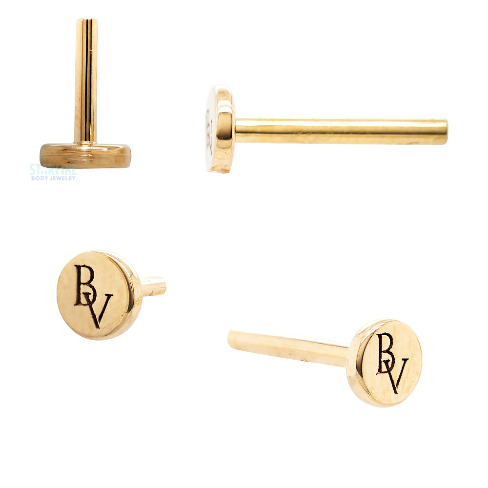 threadless: Gold Flatback / Labret Post / Straight Barbell End with Fixed BV Engraved Disc
