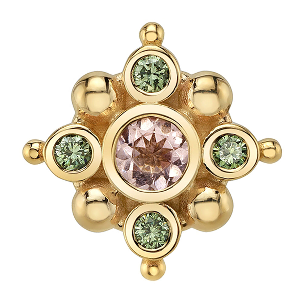"Orion" Threaded End in Gold & Platinum with Morganite & Pine Green Diamonds