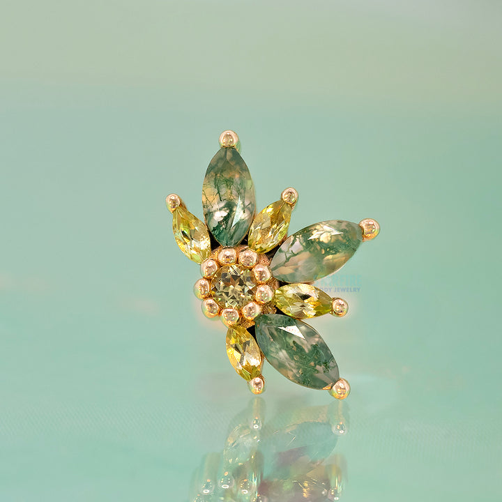 Small "Starling" Threaded End in Gold with Faceted Moss Agate & Peridot