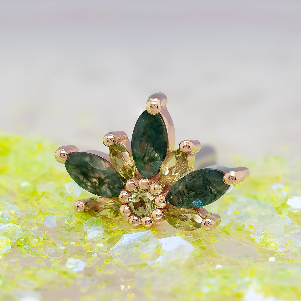 Small "Starling" Threaded End in Gold with Faceted Moss Agate & Peridot