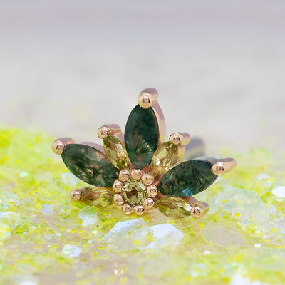 Small "Starling" Threaded End in Gold with Faceted Moss Agate & Peridot