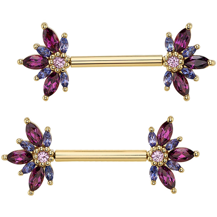 threadless: "Starling" Forward Facing Nipple Barbells in Gold & Platinum with Rhodolite, Tanzanite & Light Pink Sapphire