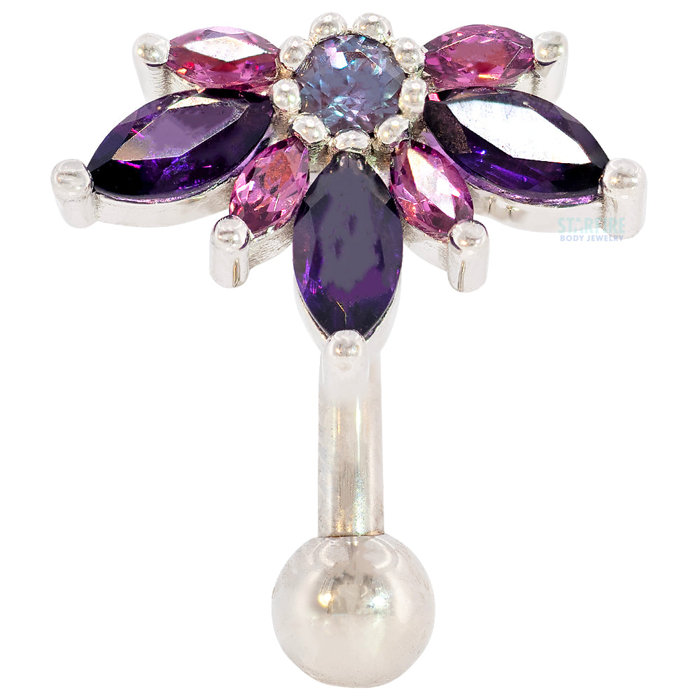 "Starling" Top Loader Navel Curve in Gold & Platinum with Amethyst, Rhodolite & Chatham Alexandrite