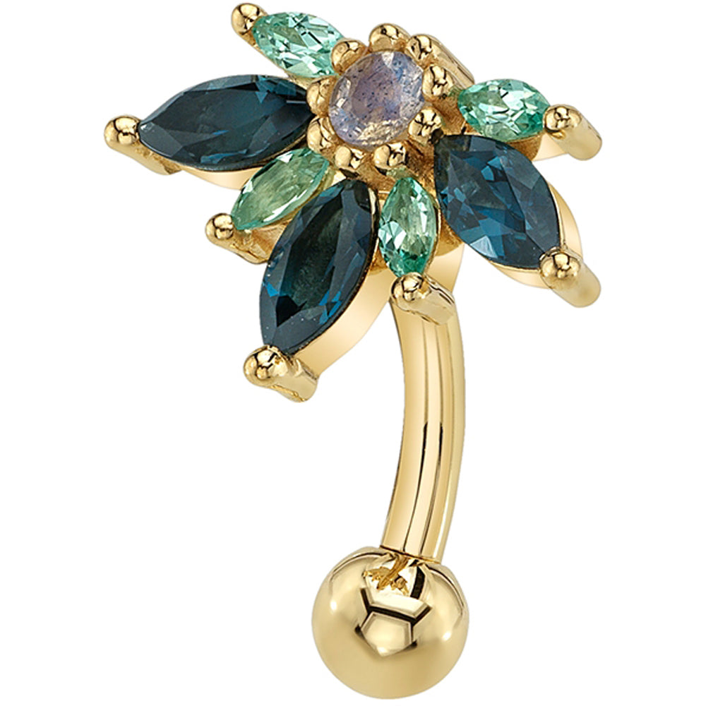 "Starling" Toploader Navel Curve in Gold & Platinum with London Blue Topaz, Chatham Chrysoberyl & Labradorite