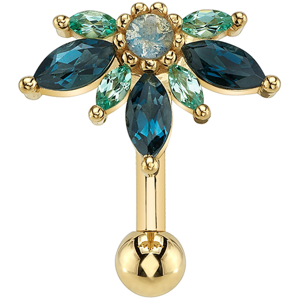 "Starling" Toploader Navel Curve in Gold & Platinum with London Blue Topaz, Chatham Chrysoberyl & Labradorite