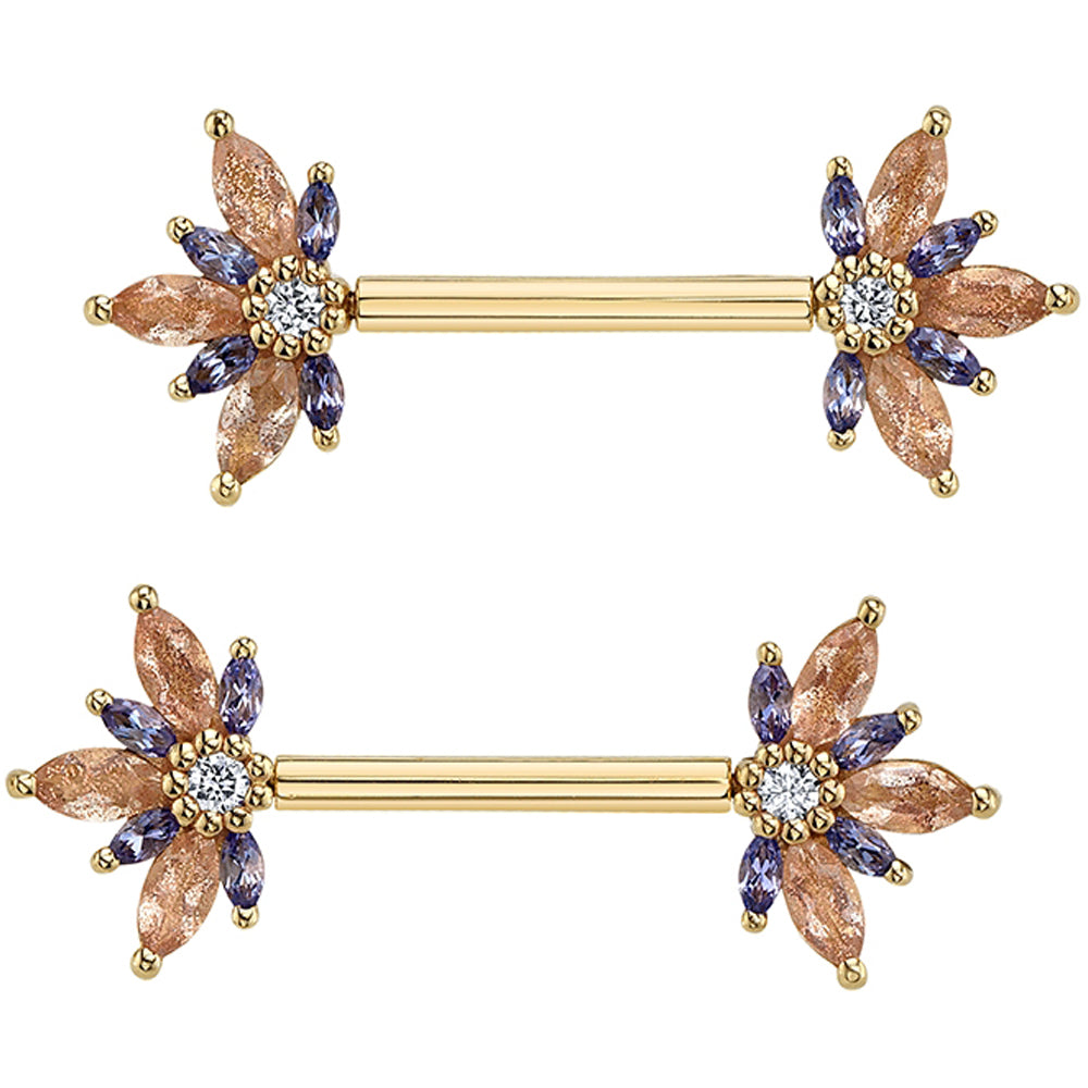 threadless: "Starling" Forward Facing Nipple Barbells in Gold & Platinum with Oregon Sunstone, Tanzanite & Diamond