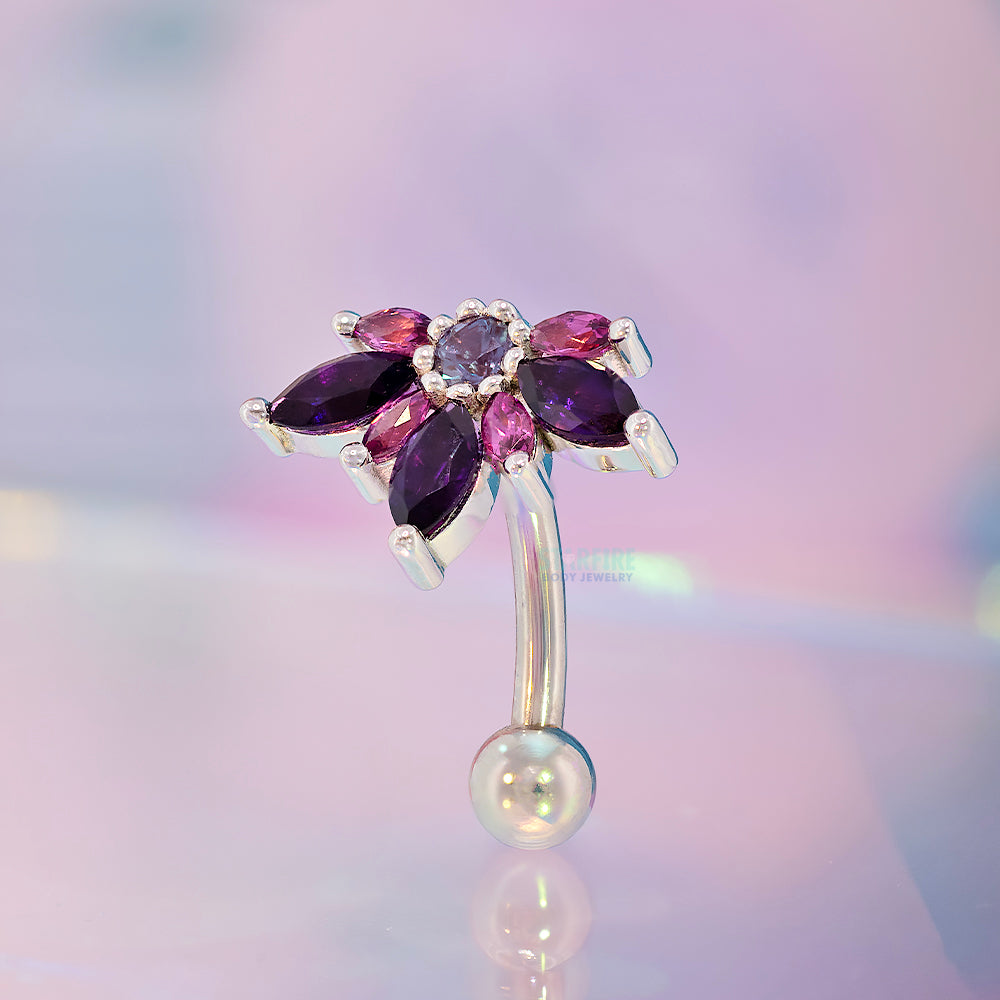 "Starling" Top Loader Navel Curve in Gold & Platinum with Amethyst, Rhodolite & Chatham Alexandrite