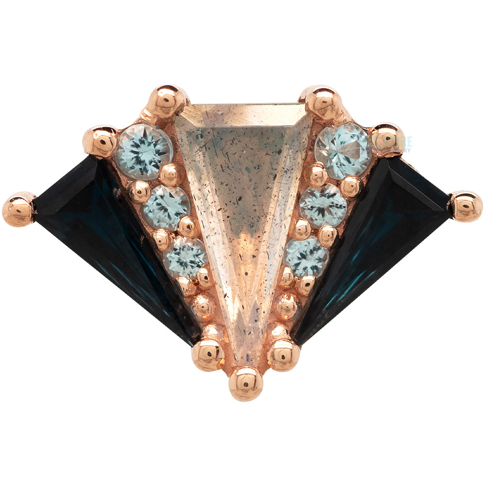 "Cerberus" Threaded End in Gold with London Blue Topaz, Swiss Blue Topaz & Labradorite