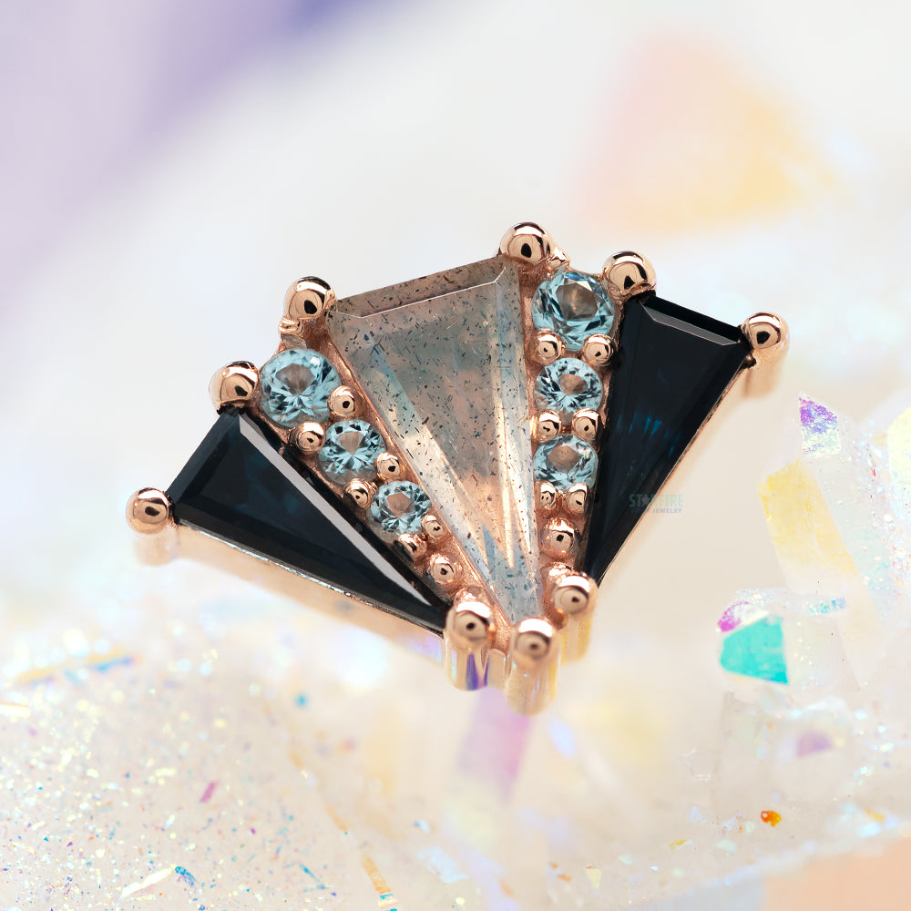 "Cerberus" Threaded End in Gold with London Blue Topaz, Swiss Blue Topaz & Labradorite