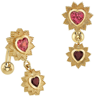 "Milagro" Top Loader Navel Curve in Gold & Platinum with Padparadscha Sapphire & Garnet