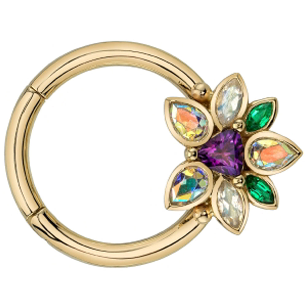 "Saamnang" Hinge Ring in Gold with Amethyst, Mercury Mist Topaz, Rainbow Moonstone & Emerald