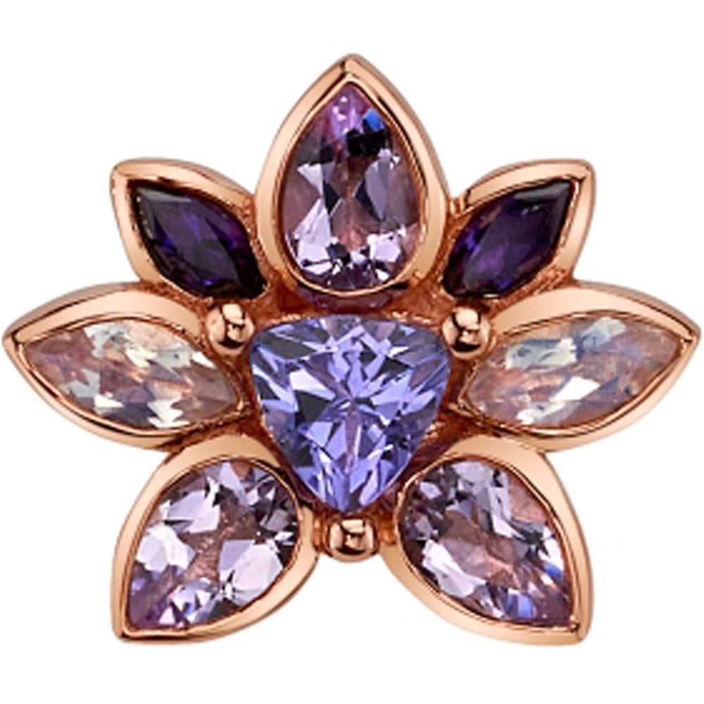 "Saamnang" Threaded End in Gold with Tanzanite, Rainbow Moonstone, Light Amethyst & Amethyst