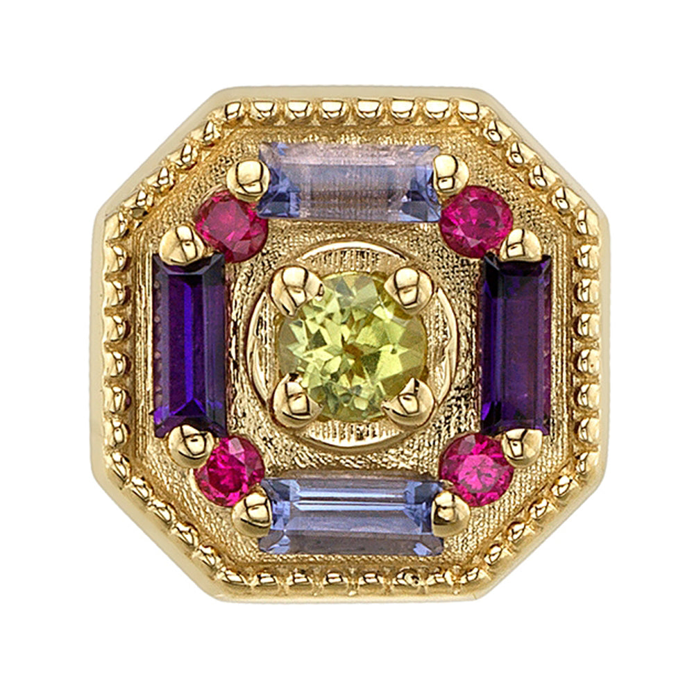 "The Watcher" Threaded End in Gold with Iolite, Amethyst, Ruby & Peridot