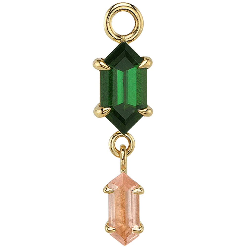 "Deco Duality" Charm in Gold & Platinum with Green Tourmaline & Rose Quartz