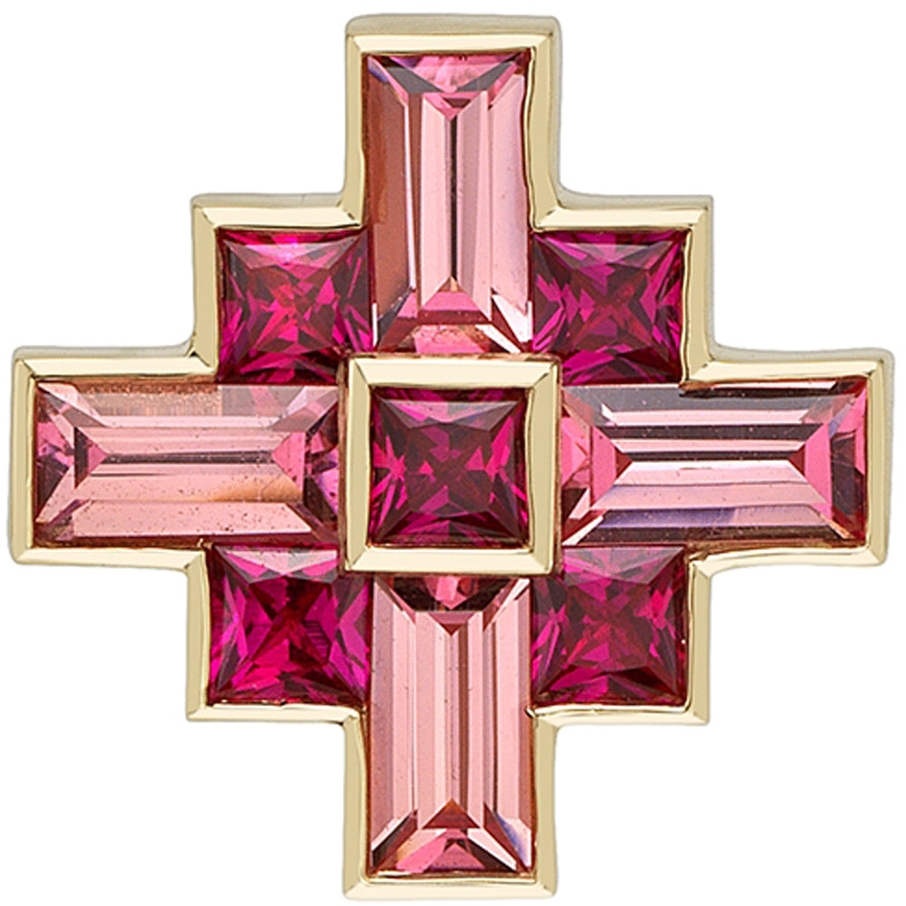 "Kerry Jane" Threaded End in Gold & Platinum with Padparadscha Sapphire & Chatham Rubies