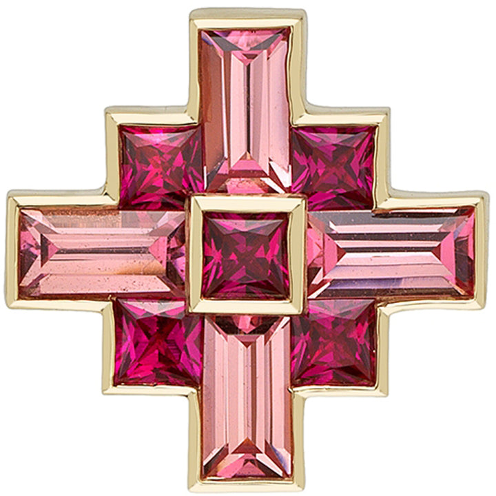 "Kerry Jane" Threaded End in Gold & Platinum with Padparadscha Sapphire & Chatham Rubies